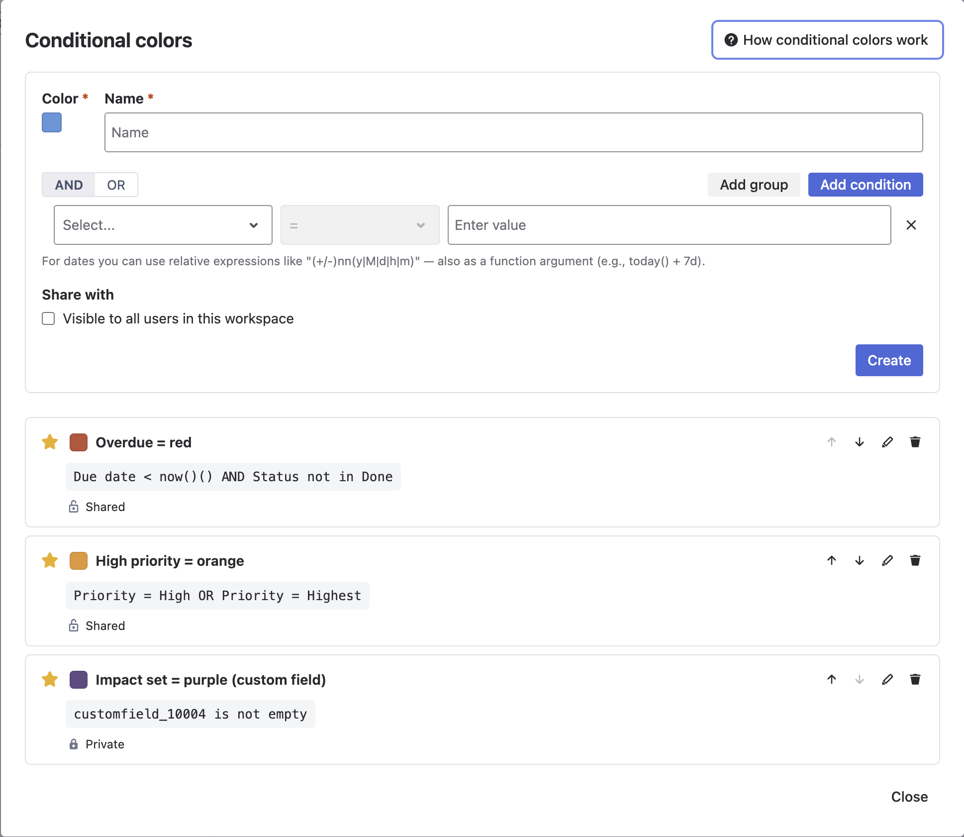 The Conditional colors dialog in Calendar for Jira: a new-rule form with color, name, AND/OR toggle, Add group and Add condition buttons and a Share with workspace checkbox, above three saved rules — Overdue in red (Due date before now and Status not in Done), High priority in orange (Priority High or Highest) and Impact set in purple (a custom field is not empty)