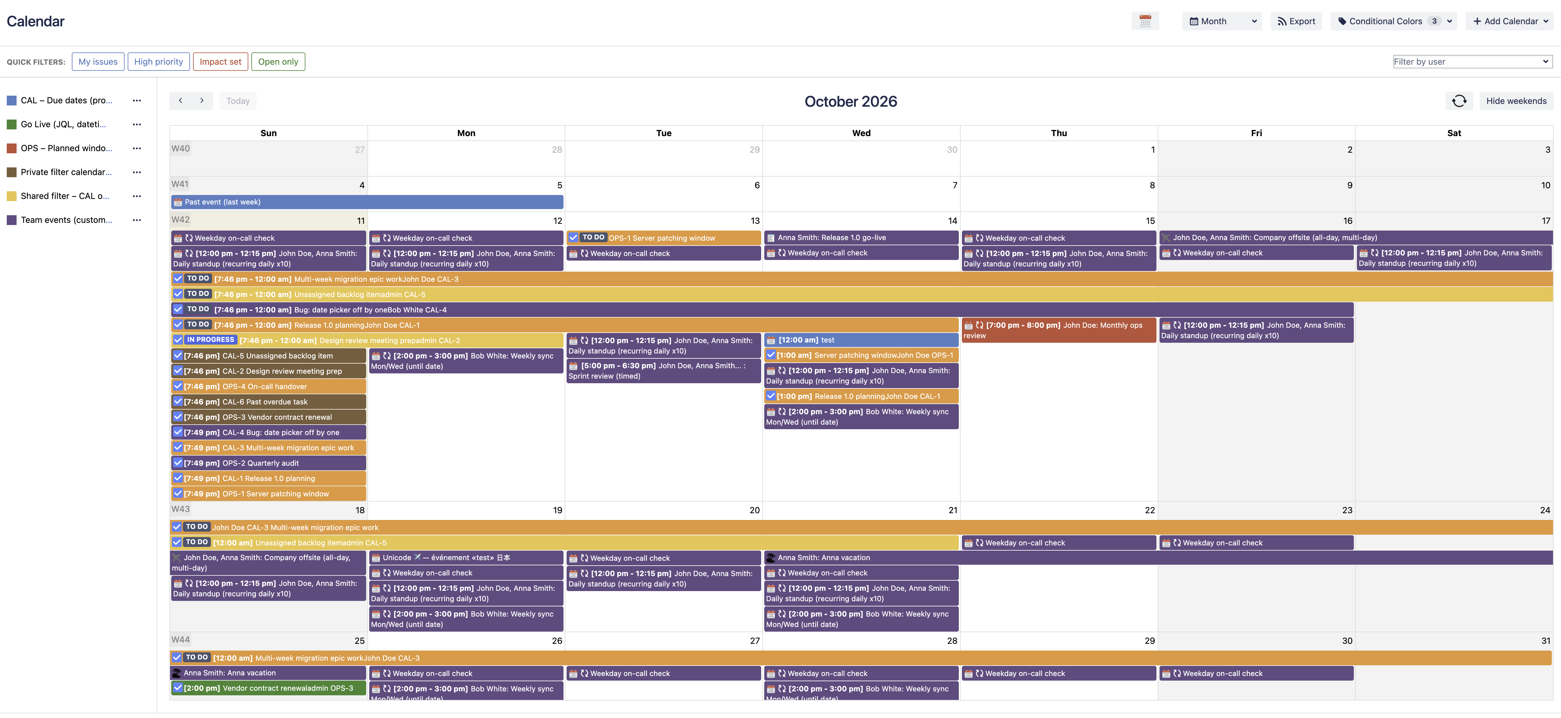 Calendar for Jira month view for October 2026 with week numbers, quick filters for My issues, High priority, Impact set and Open only, a sidebar of six color-coded calendars, and the grid filled with recurring on-call checks and daily standups, multi-day epics, release planning and server patching issues carrying To Do and In Progress badges, colored by conditional color rules