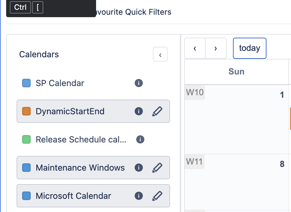 Calendar sidebar with color-coded visibility checkboxes, info icons, and edit pencils