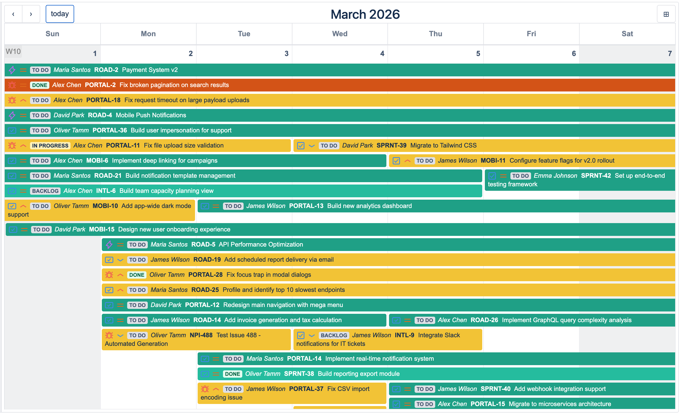 Month view where issues matching color rules are painted red, yellow, and green over their calendars' default colors