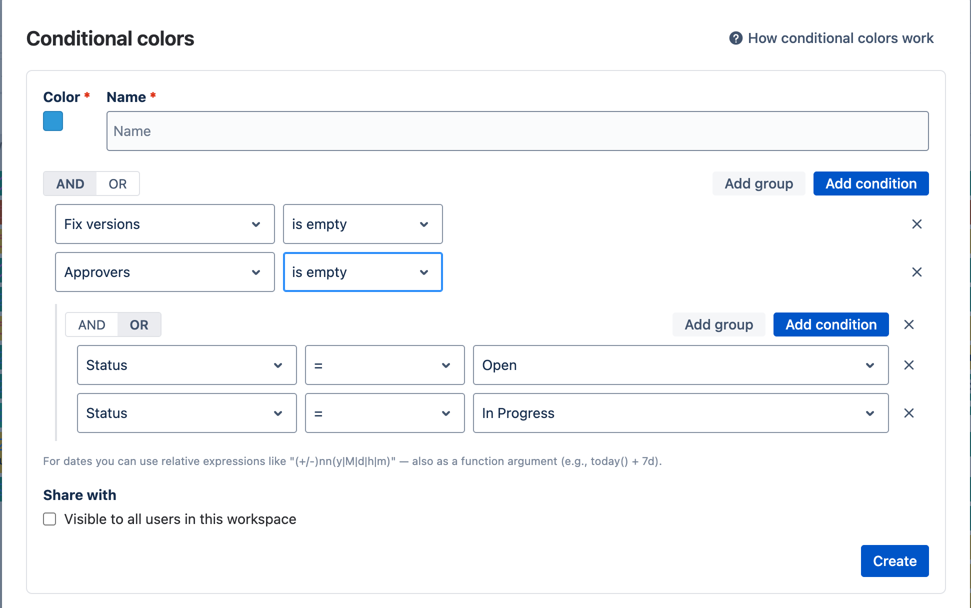 Conditional color rule builder with an AND group of conditions and a nested OR group