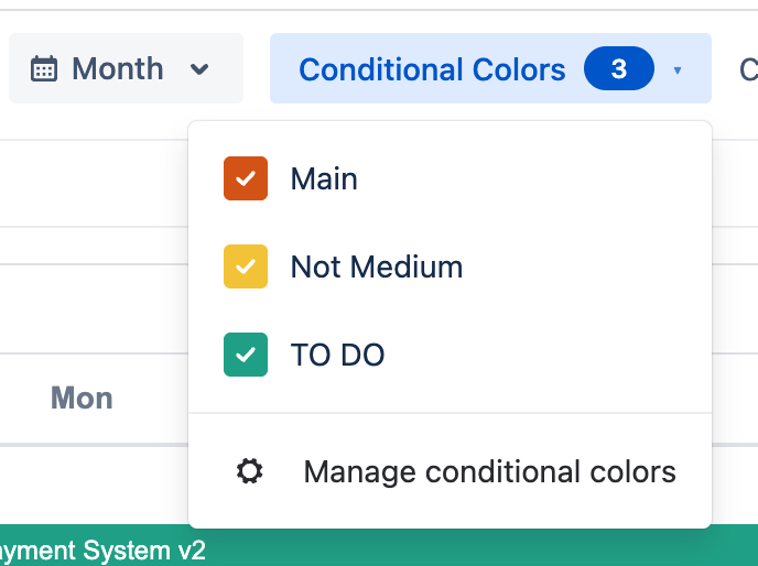 Conditional Colors toolbar dropdown with per-rule on/off checkboxes and a Manage conditional colors entry