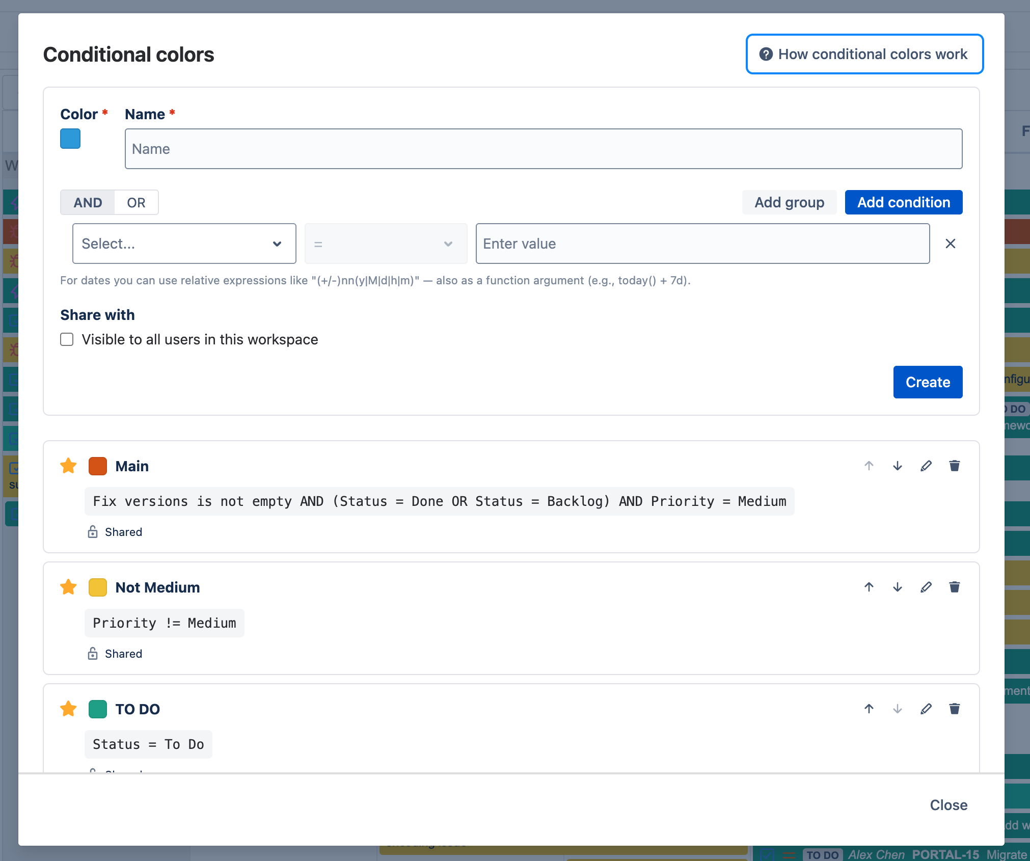 Manage conditional colors dialog listing rules with their conditions, shared badges, reorder arrows, edit and delete controls