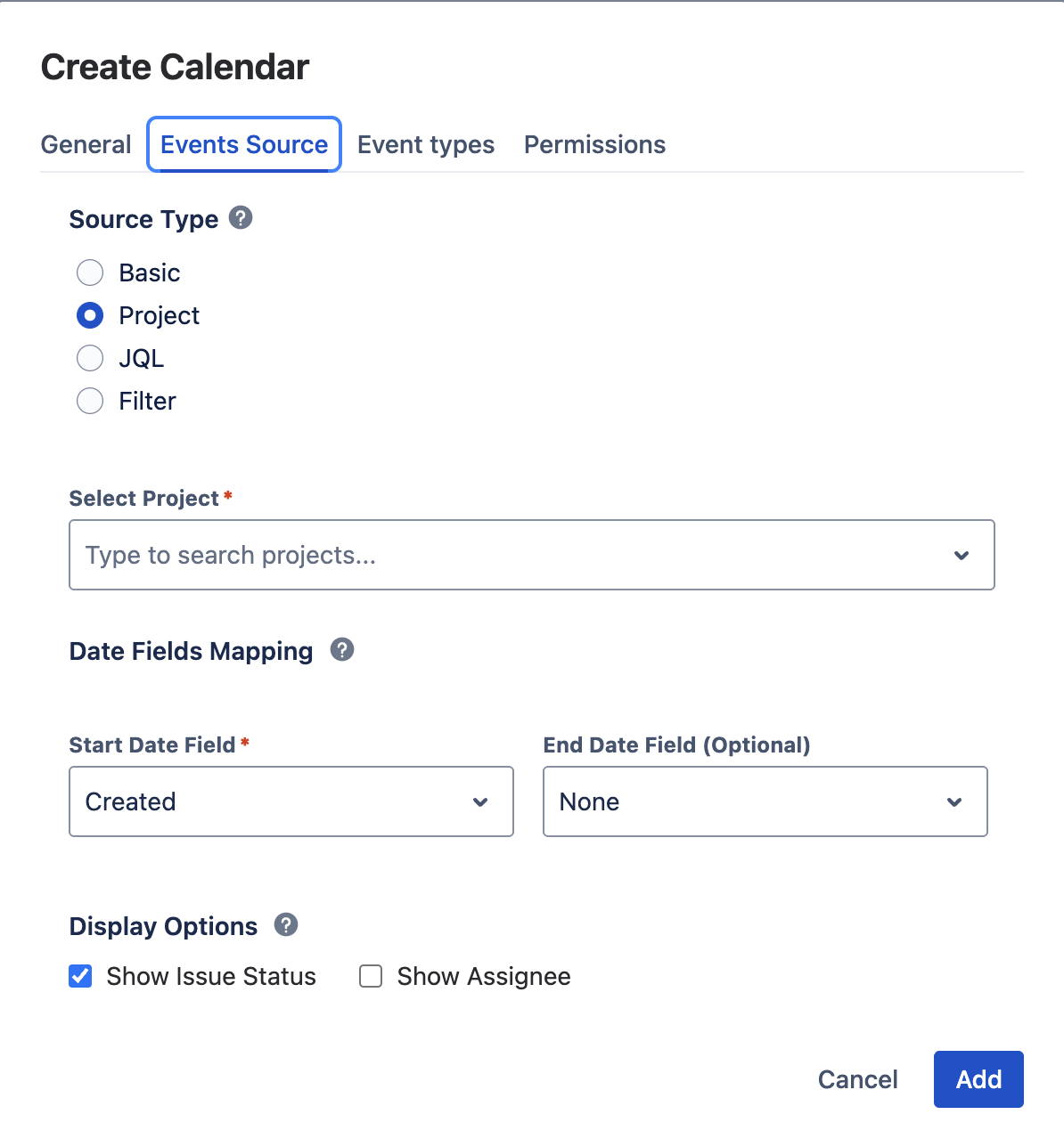 Create Calendar dialog — Events Source tab with source type radios, project selector, and date field mapping