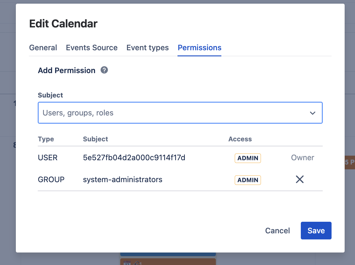 Permissions tab of the calendar dialog with the subject picker and access table showing Owner and group rows