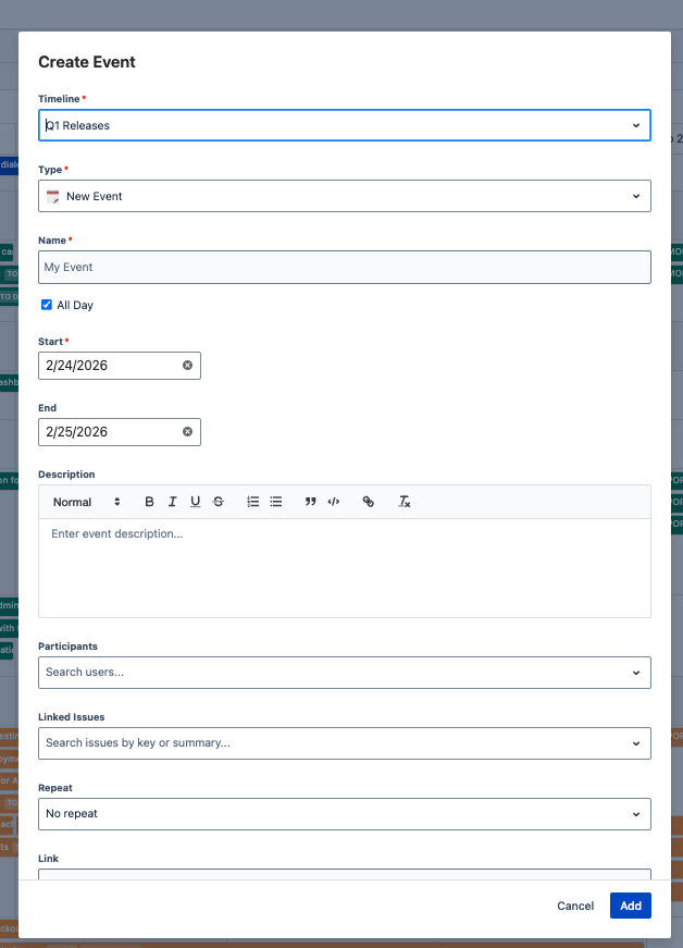 Custom event with linked issues on the timeline