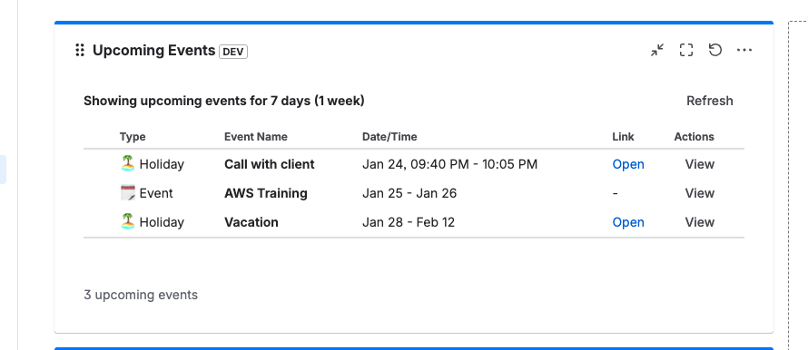 Upcoming Events dashboard gadget