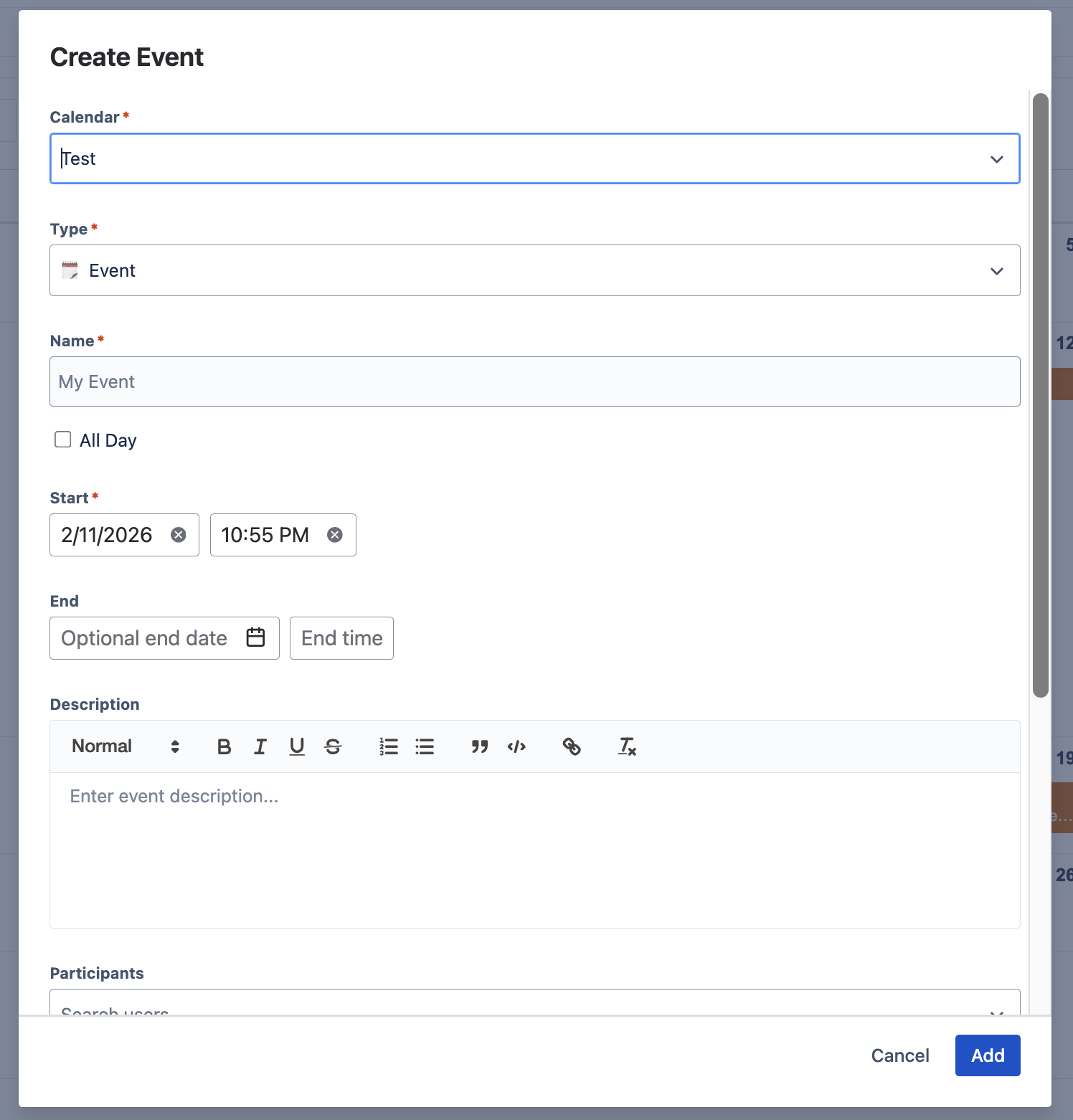 Create Event dialog with calendar, type, name, all-day toggle, start and end date-time, description, and participants
