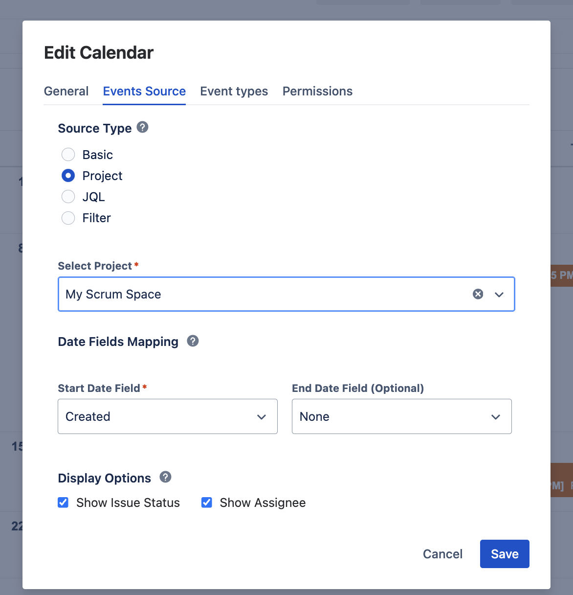 Events Source tab with a project selected and start and end date field pickers