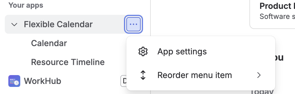 Jira sidebar with the Flexible Calendar more-actions menu open, showing App settings