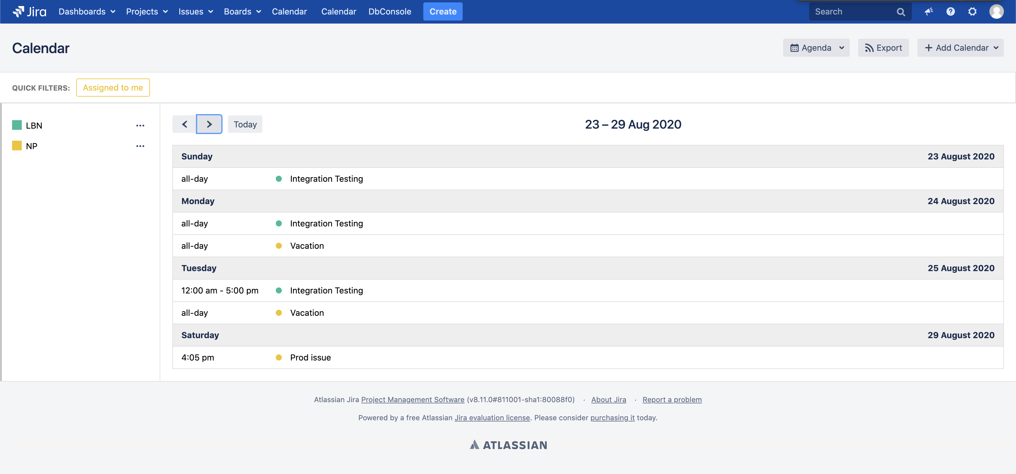The Agenda view in Calendar for Jira listing events in chronological order by day