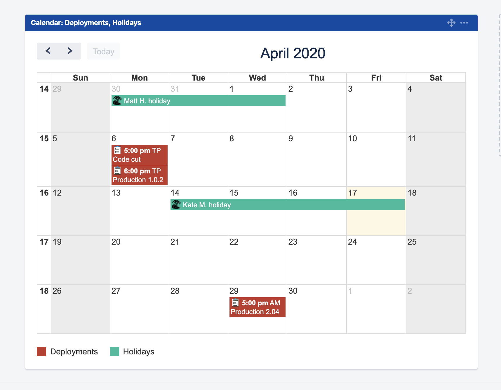 The Calendar for Jira dashboard gadget showing a month of color-coded events on a Jira dashboard