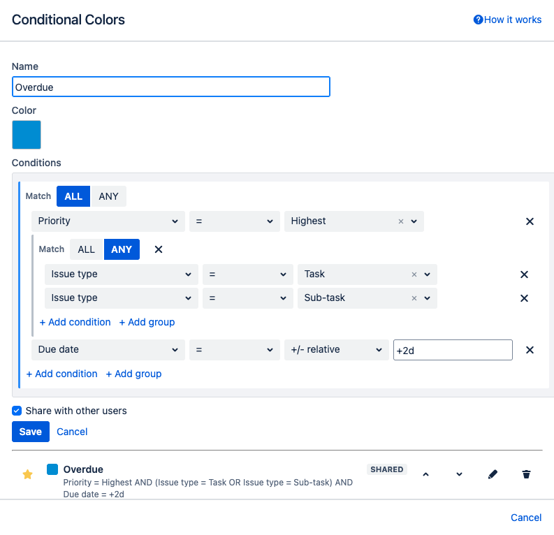 The Conditional Colors rule builder in Calendar for Jira: a rule named Overdue with a color swatch and nested condition groups matching priority Highest, ALL of them, plus ANY of issue type Task or Sub-task, plus a relative due date, with a share-with-other-users checkbox and the saved rule listed underneath