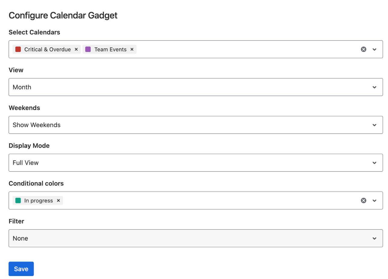 Calendar gadget configuration with Select Calendars, View, Weekends, Display Mode, Conditional colors and Filter fields