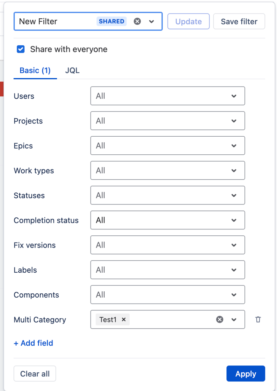 Filter panel Basic tab with a saved filter loaded, Share with everyone, field filters, + Add field, Clear all and Apply