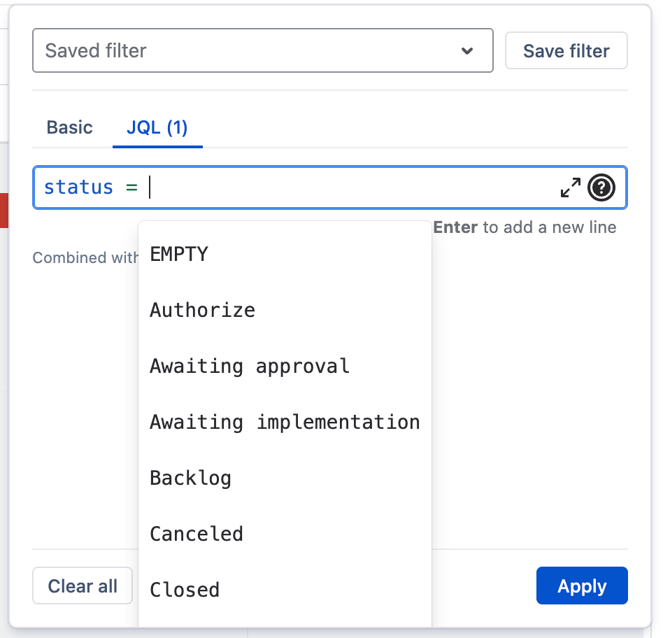 Filter panel JQL tab with autocomplete suggestions