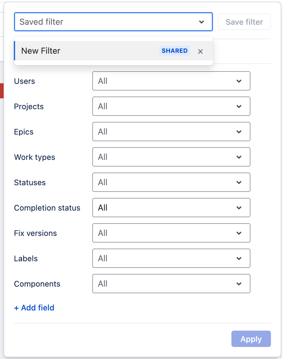 Saved filter menu in the filter panel with a filter marked SHARED