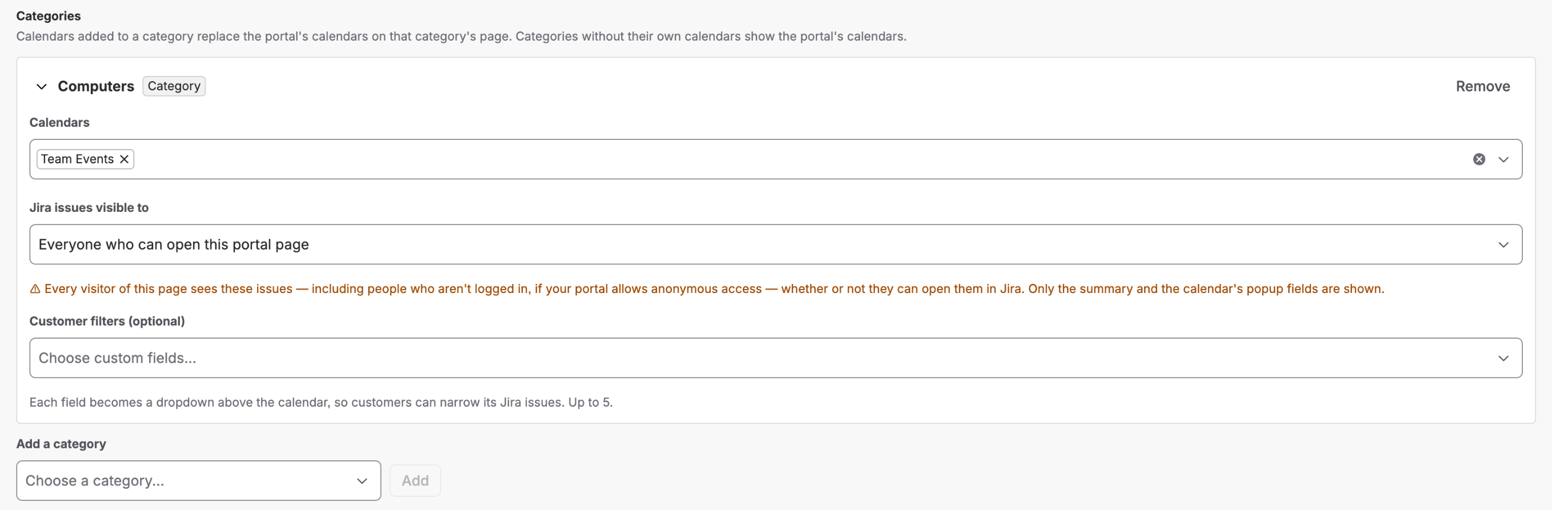 The Computers category expanded, with its calendars, Jira work items visible to and customer filters settings