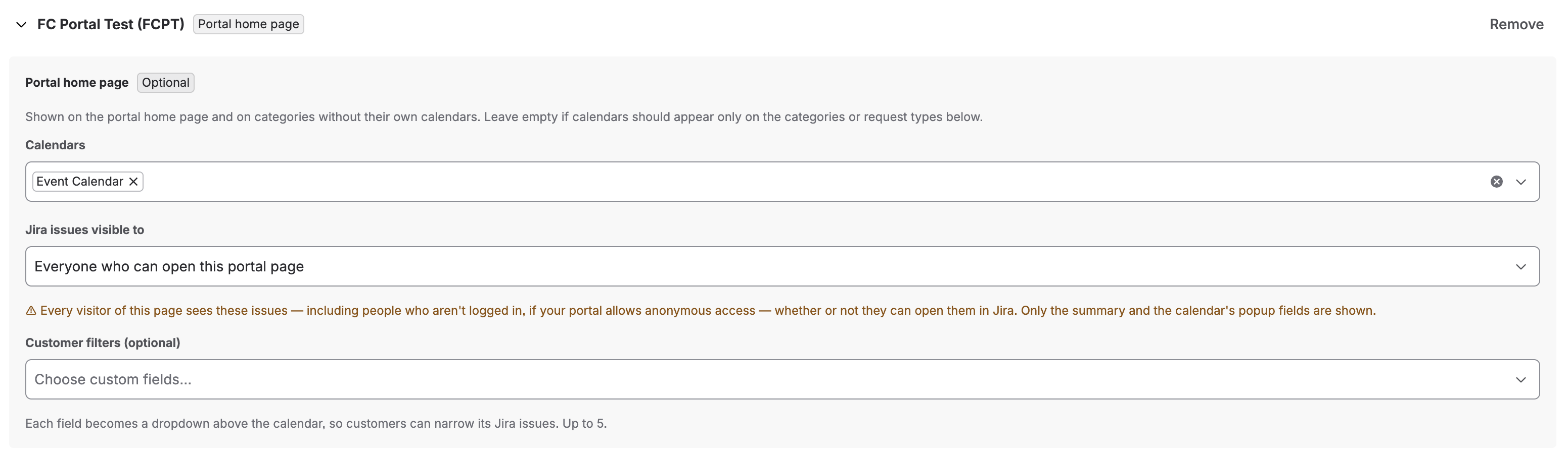 Portal home page block marked Optional, with calendars, Jira work items visible to and customer filters