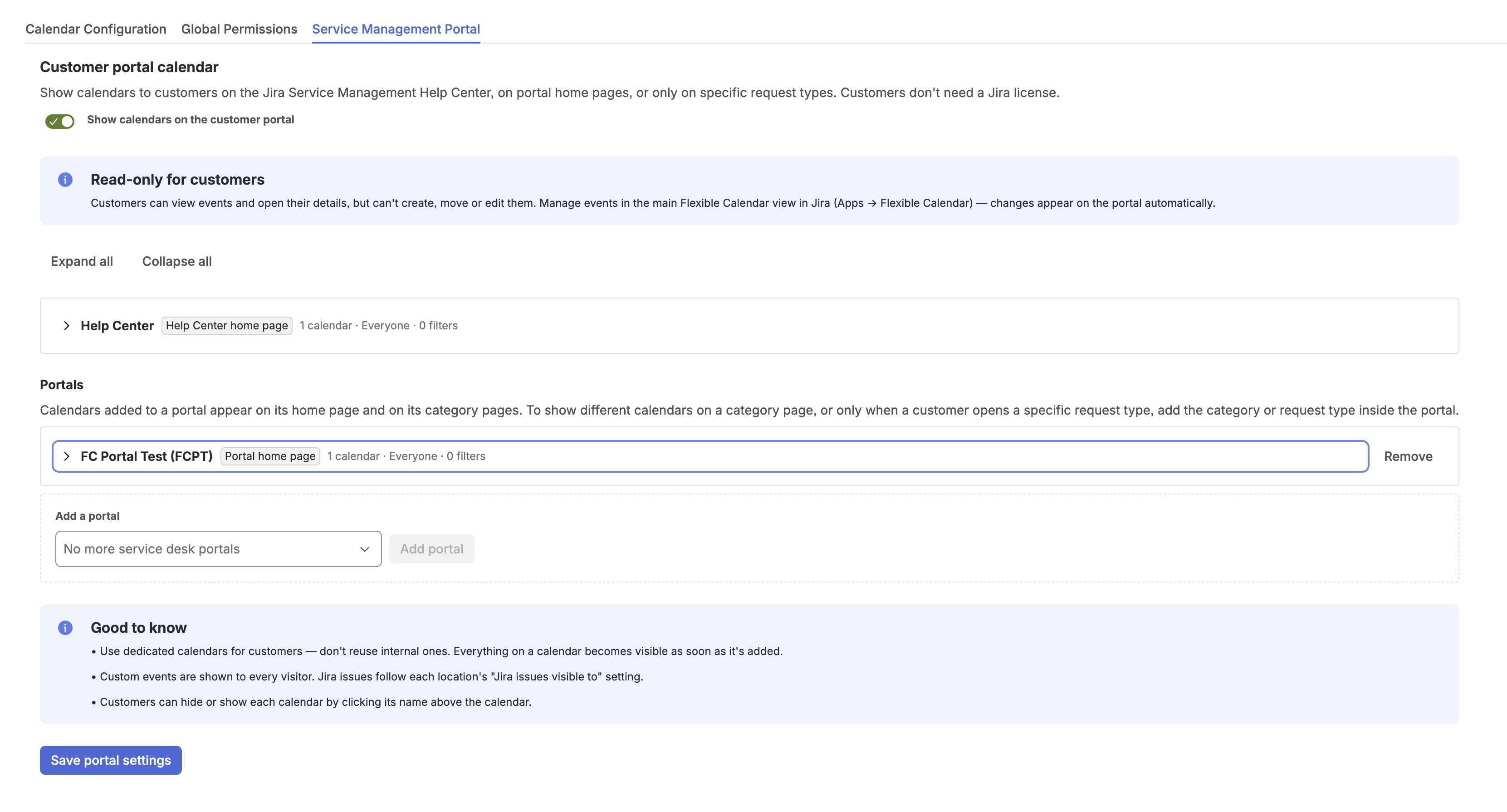 Service Management Portal tab with the Help Center and a portal as collapsed rows with short summaries