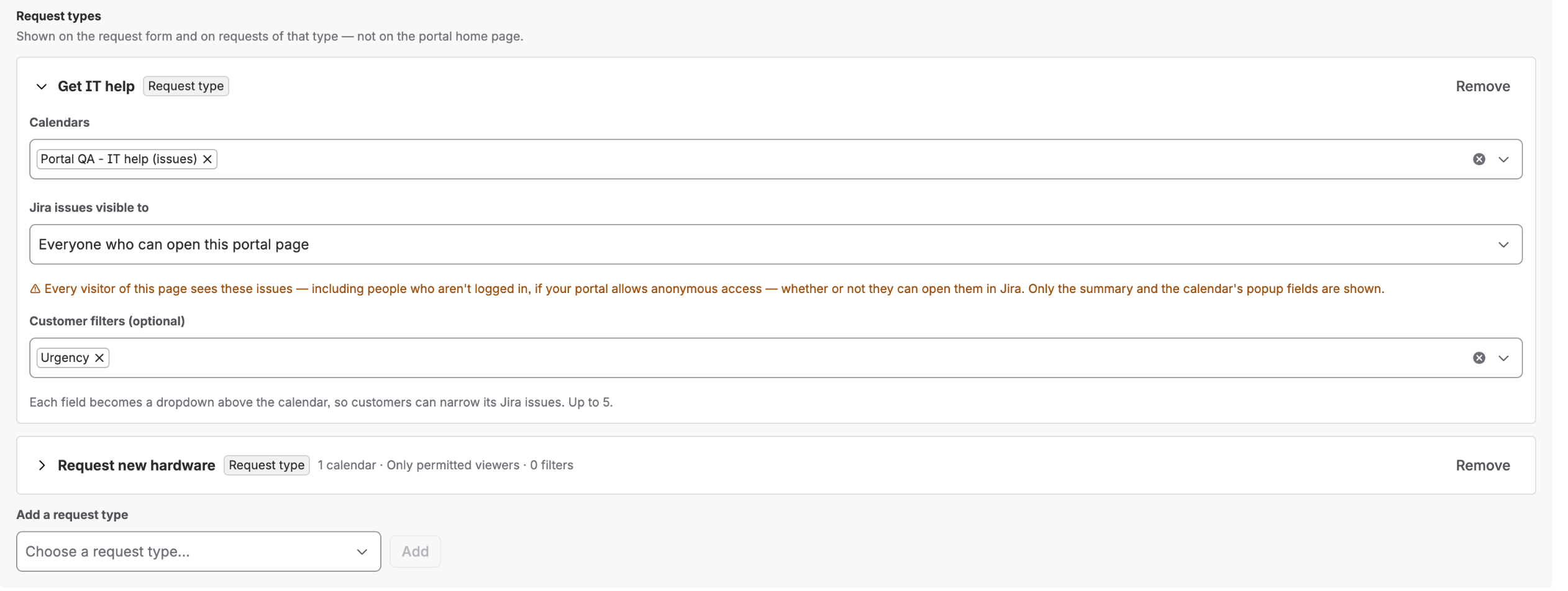 The Get IT help request type expanded, with its calendars, Jira work items visible to and an Urgency customer filter