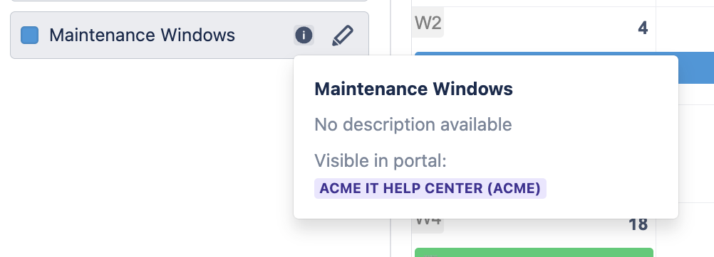 A calendar's info tooltip in Calendar for Jira showing which Jira Service Management help center it is published to