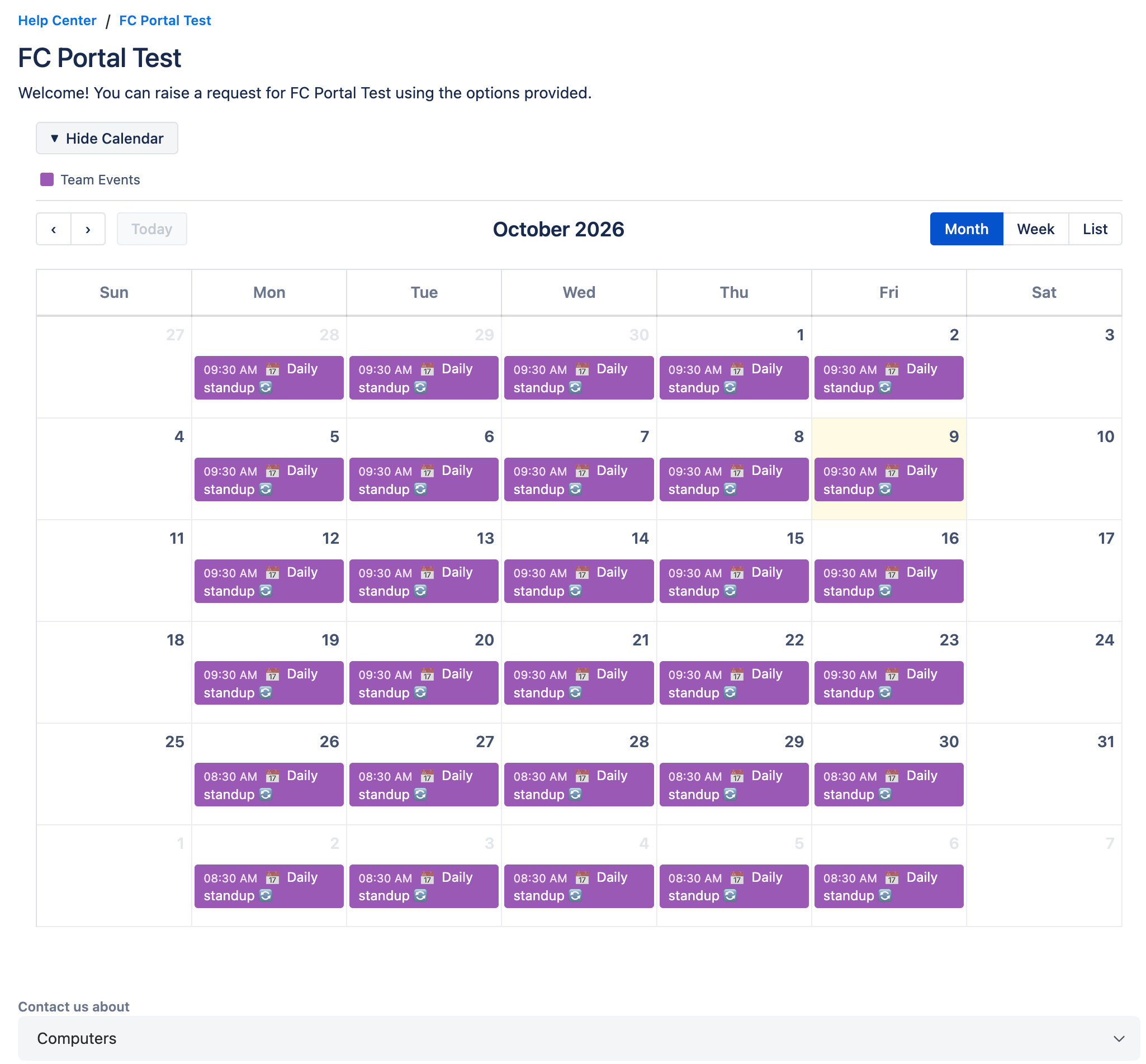 Portal page for the Computers category showing that category's calendar