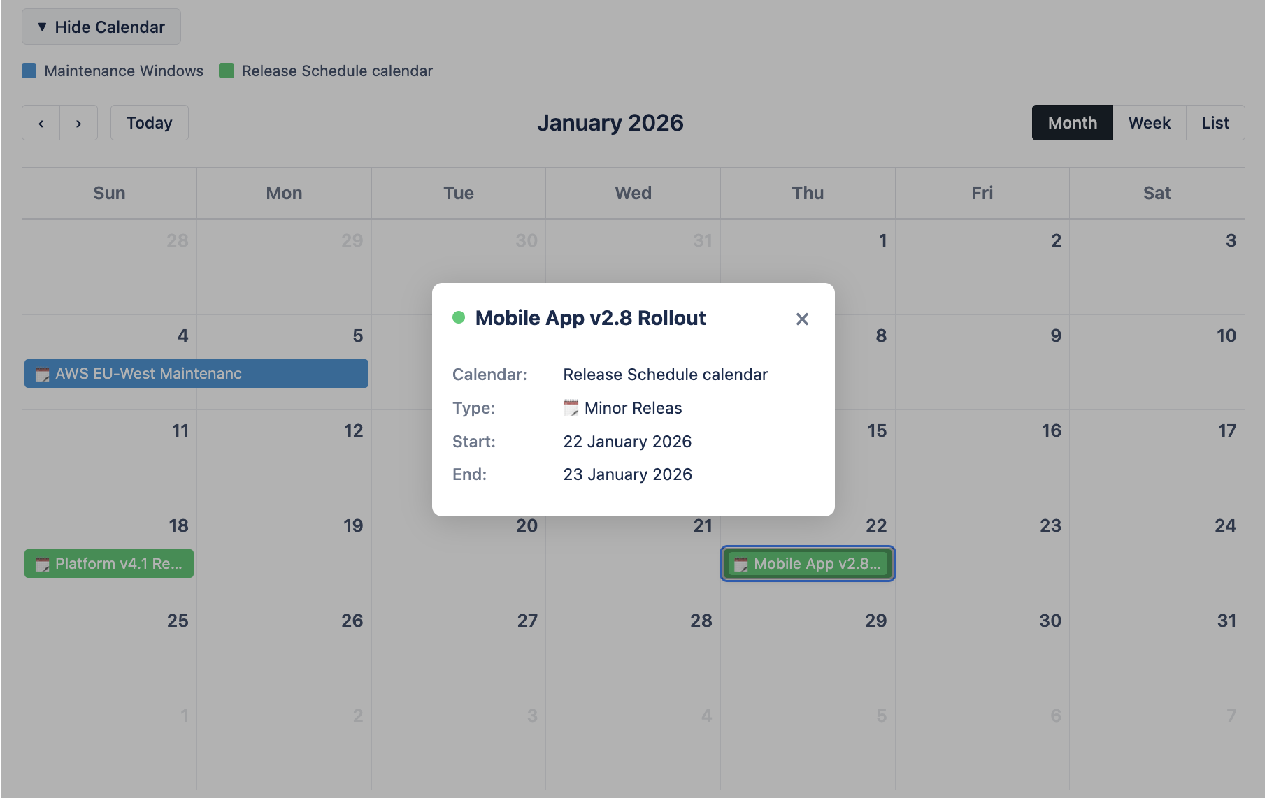 A read-only Calendar for Jira month view embedded in a Jira Service Management portal, showing color-coded maintenance windows and release dates from two calendars, with an event popup open for a Mobile App v2.8 rollout listing its calendar, type and start and end dates