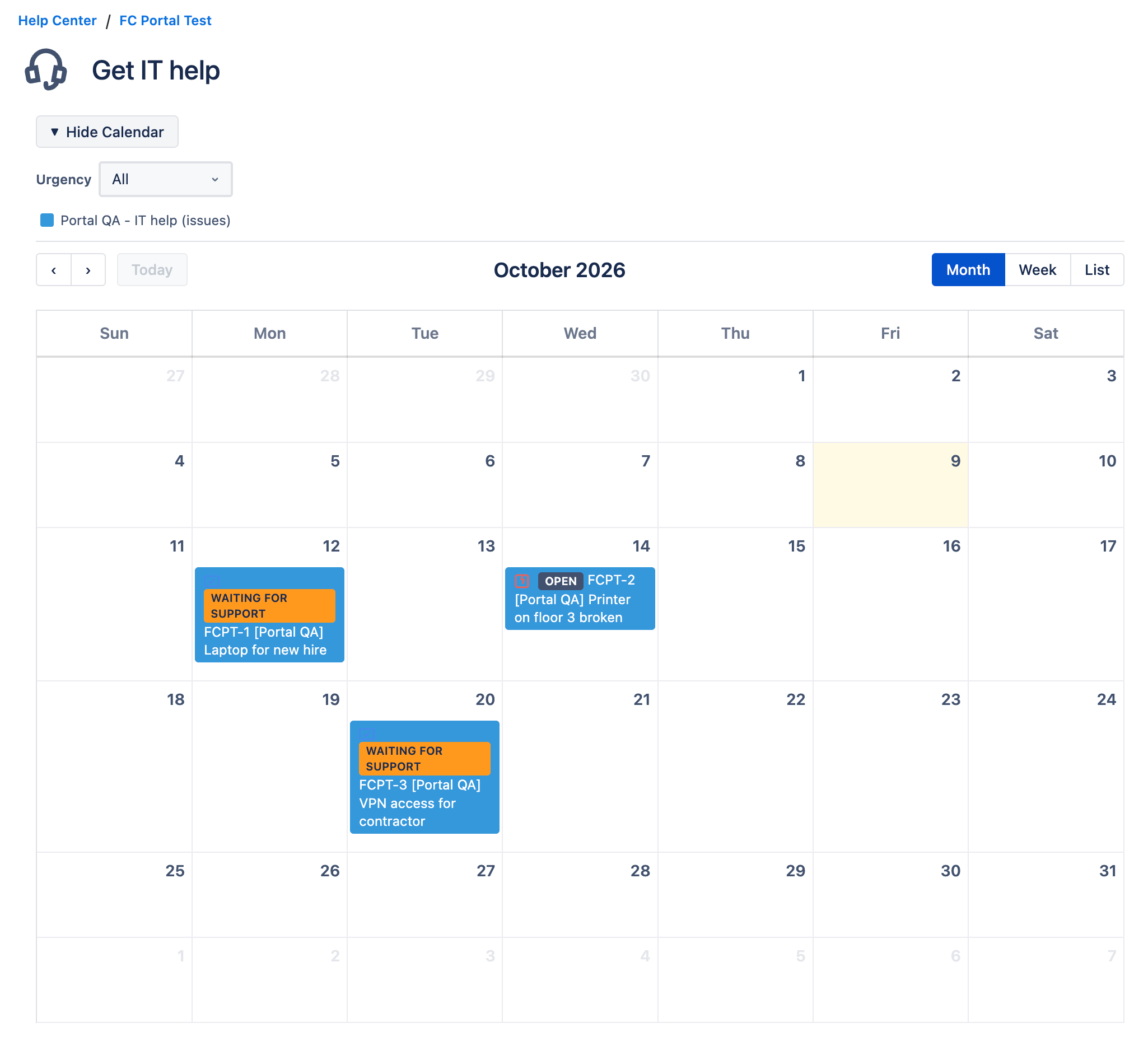 Request form for Get IT help with its own calendar and an Urgency filter above it