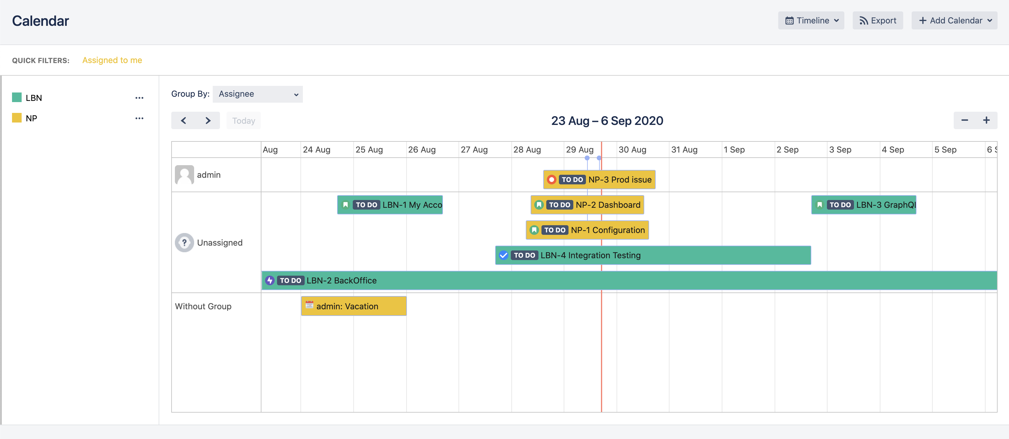 A Calendar for Jira timeline grouped by assignee, with issue bars and a vacation event laid out across a fortnight