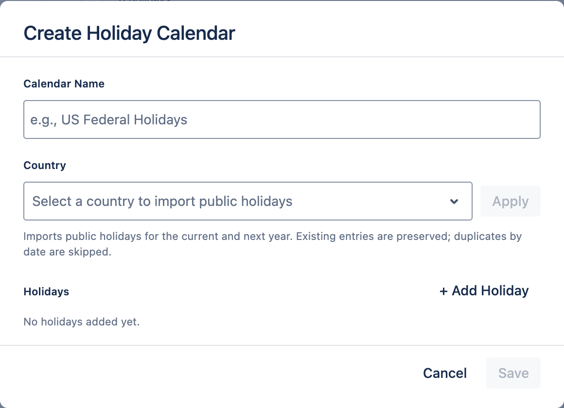 Create Holiday Calendar dialog