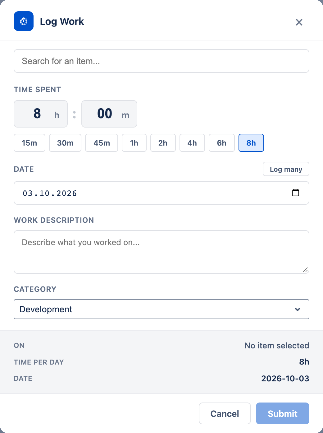 Log Work dialog with Item, date, time spent and Work description fields