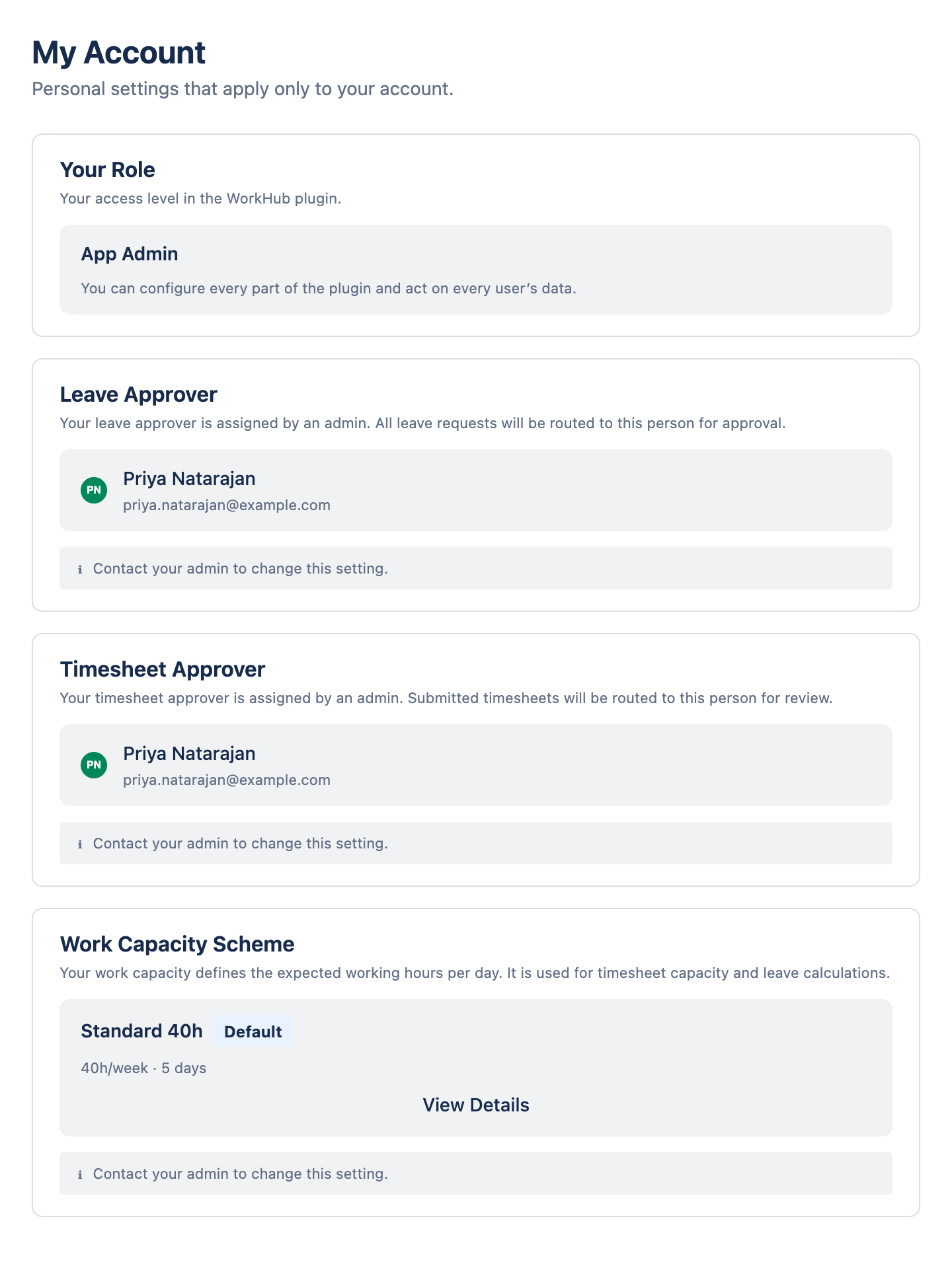 My Account page with the Your Role, approver, App Administrators and Work Capacity Scheme cards