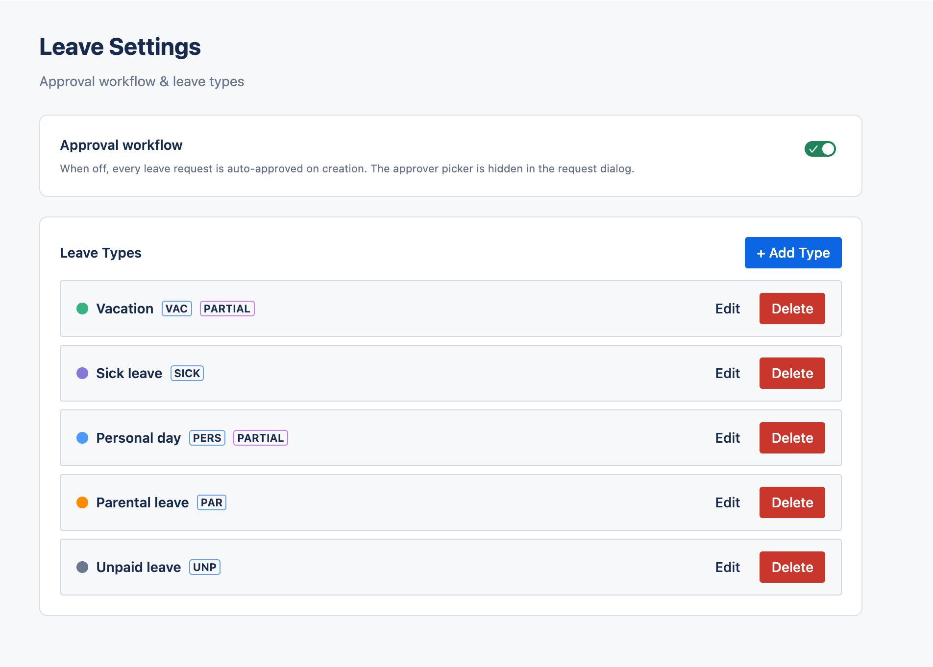 Leave Settings with the Approval workflow toggle and the Leave Types list