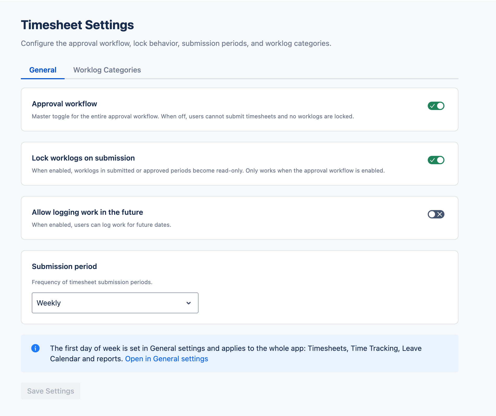 Timesheet Settings with the approval workflow, lock, future worklogs and submission period options