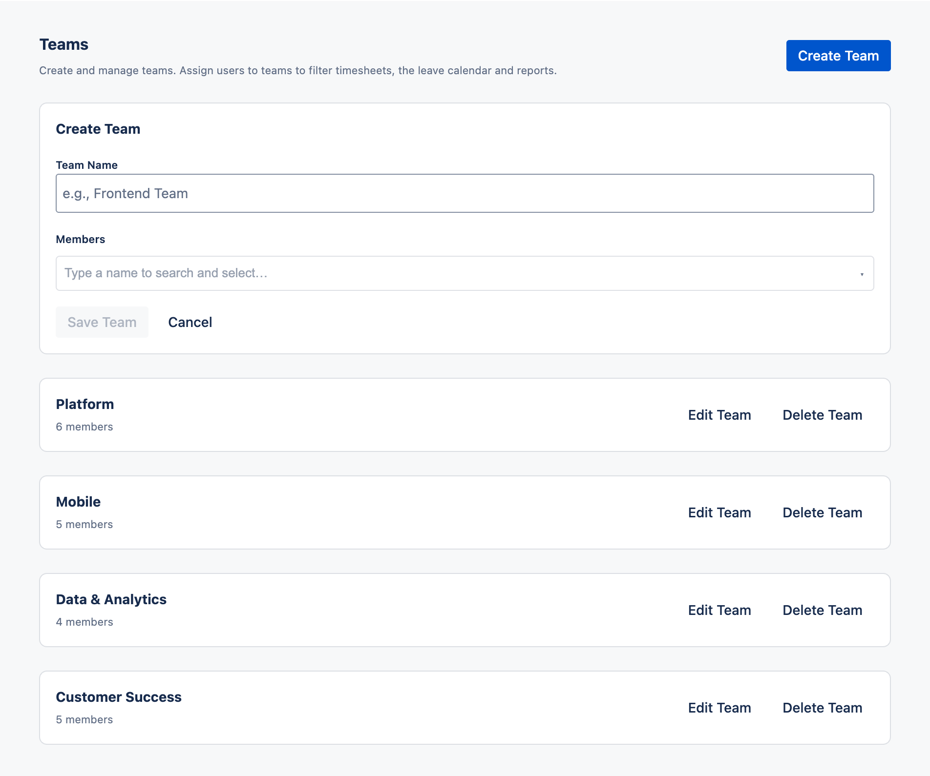 Create Team dialog with a team name field and a member picker