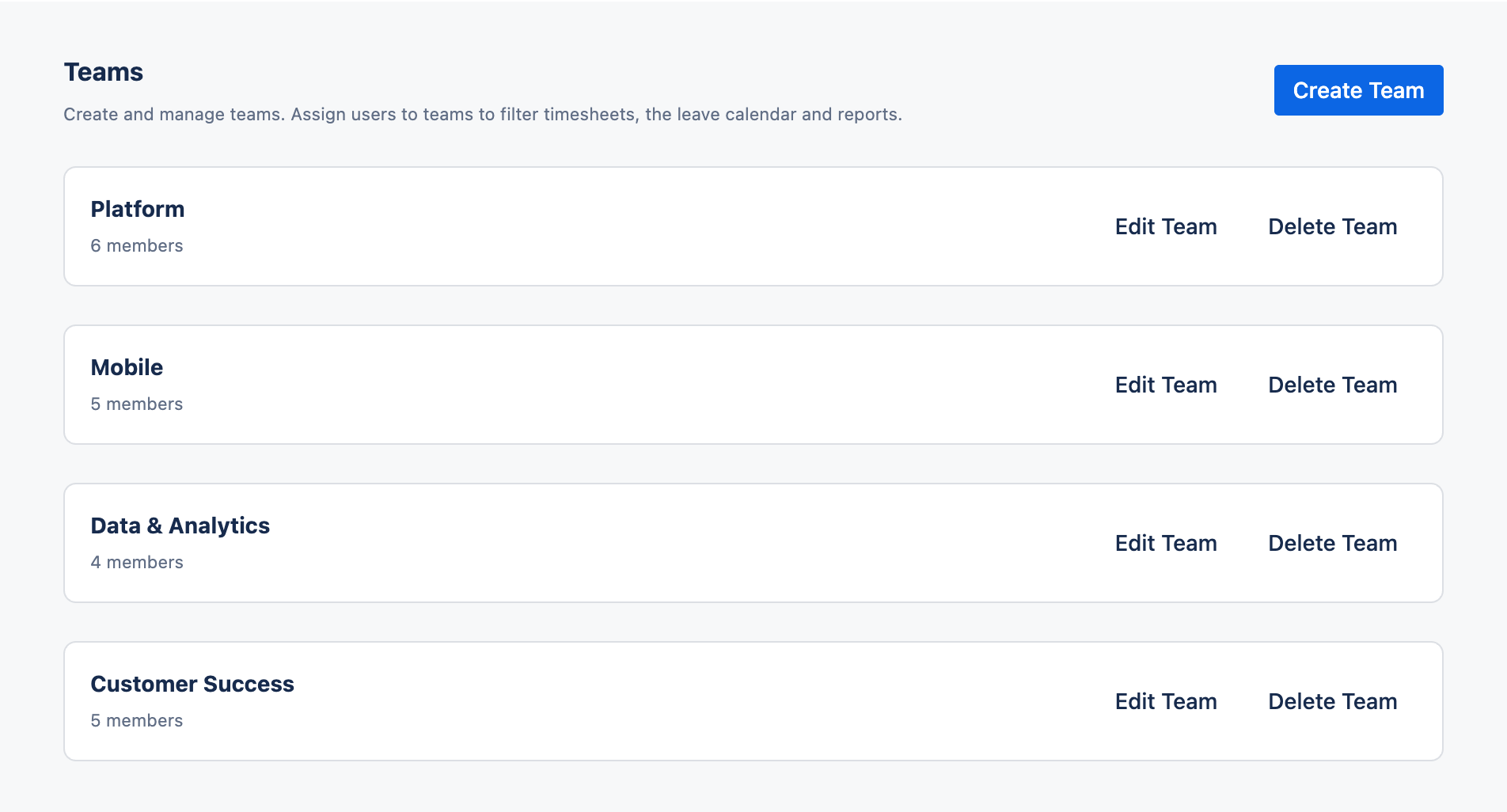 Teams tab in Settings listing teams with edit and delete actions