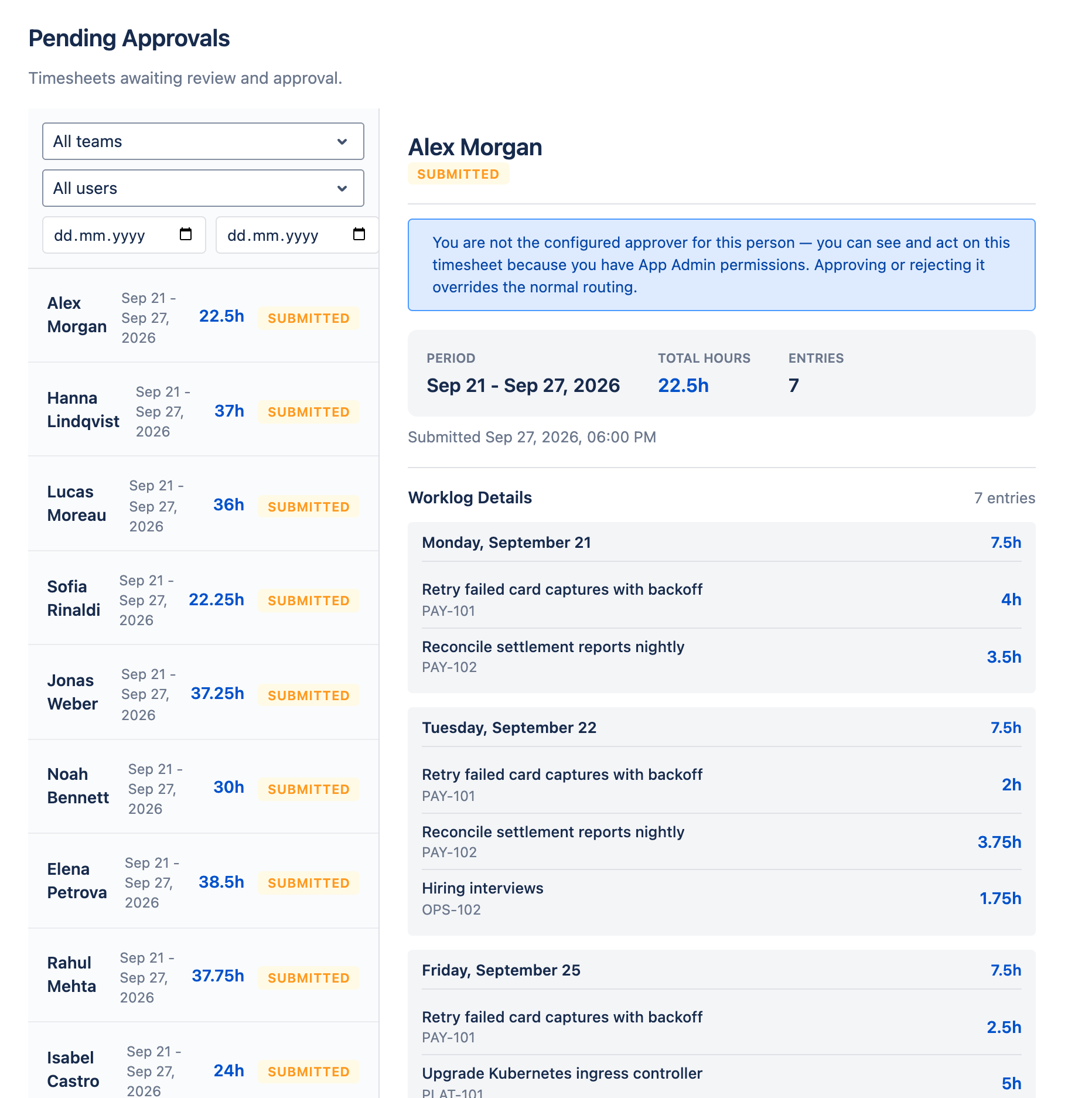 Pending Approvals with Approve and Reject actions
