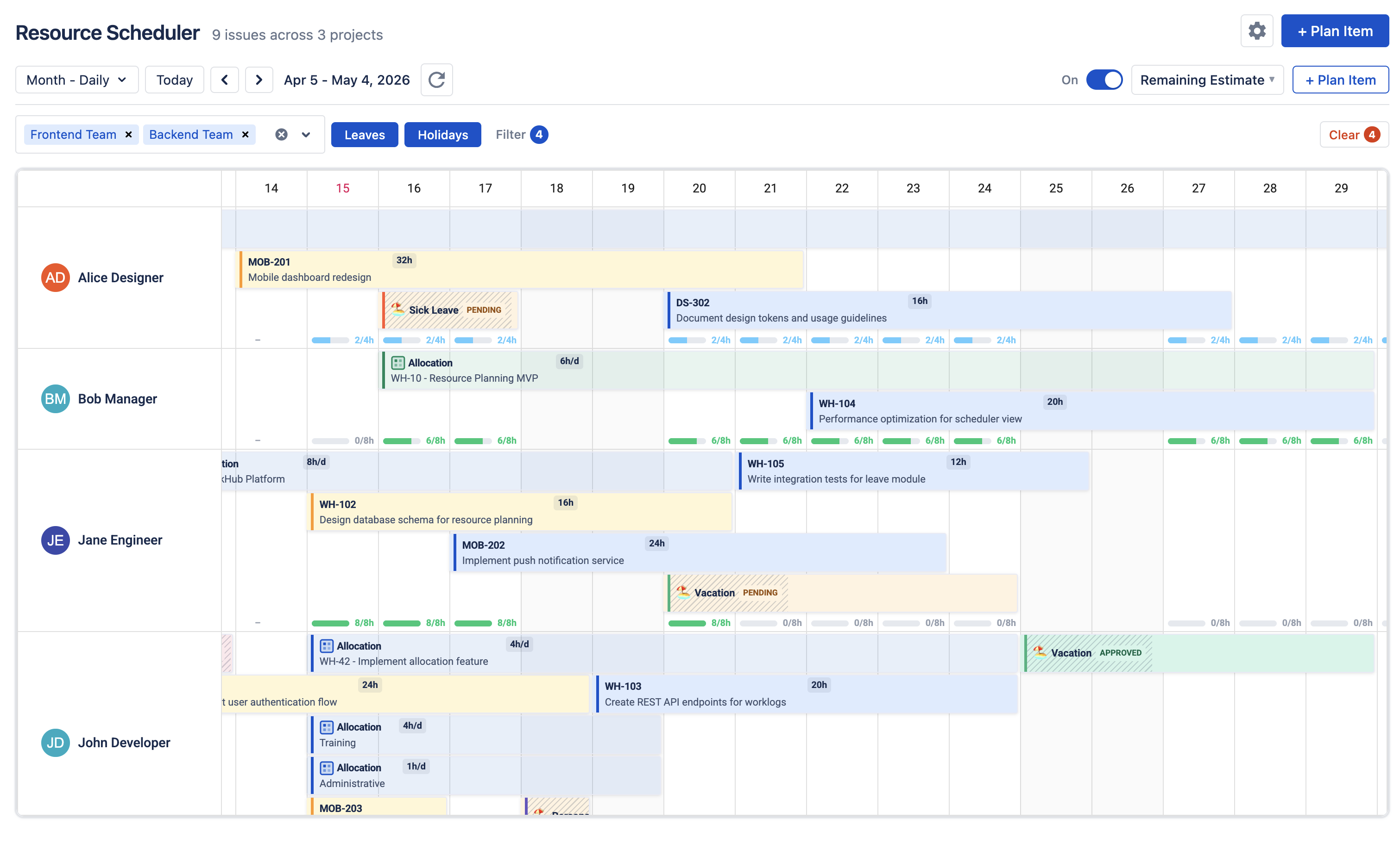 WorkHub app showing the resource scheduler with sidebar navigation for all eight modules