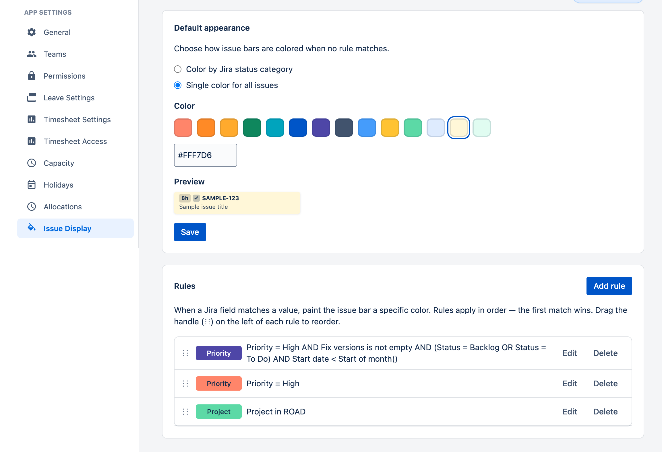 Settings → Issue Display tab with Single-color mode selected: 14-color palette, custom hex input, live preview bar, and the rules list with three saved rules visible below