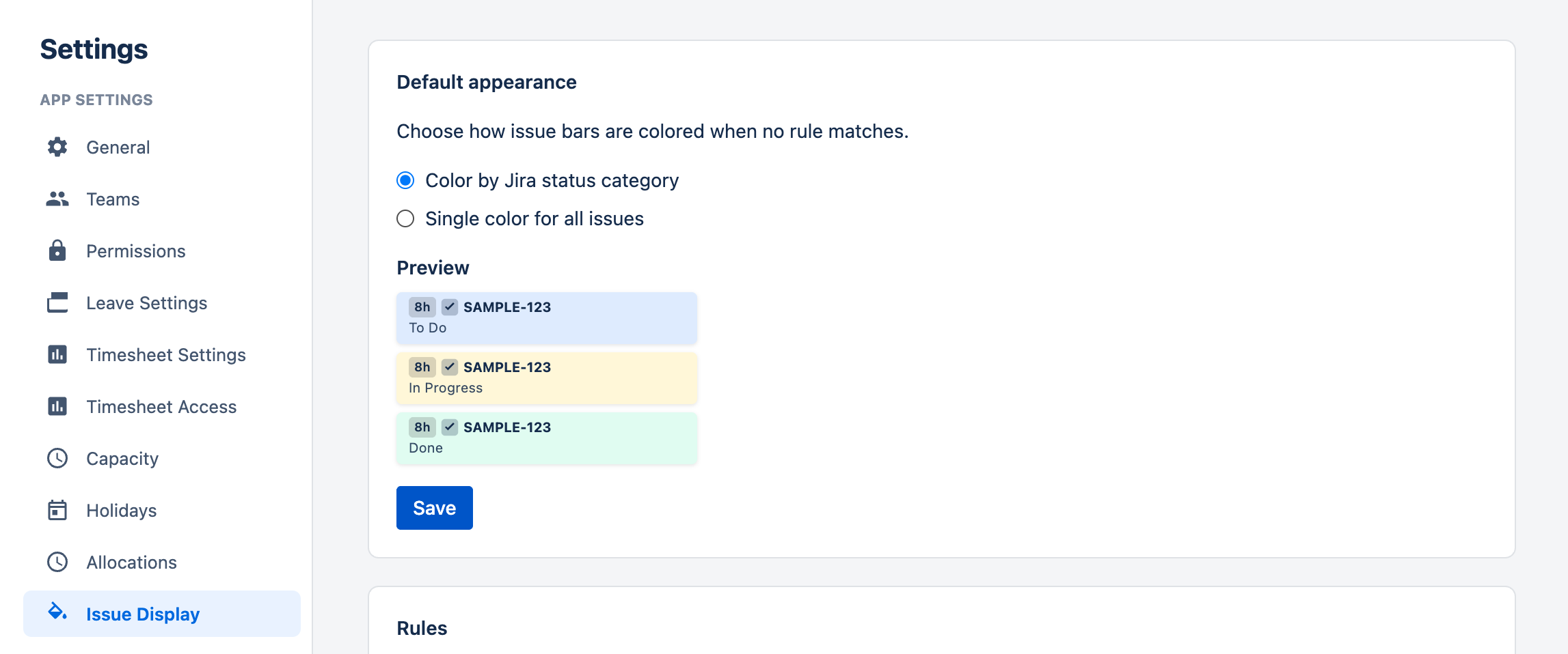 Issue Display tab in status category mode, showing the three preview bars for To Do, In Progress, and Done