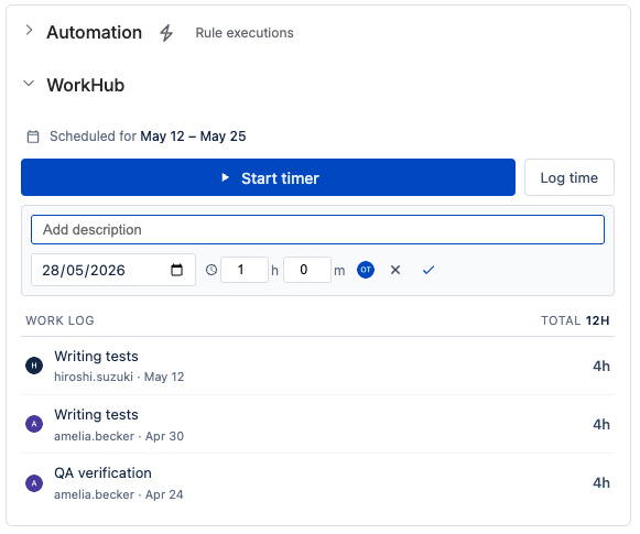 WorkHub panel on a Jira issue