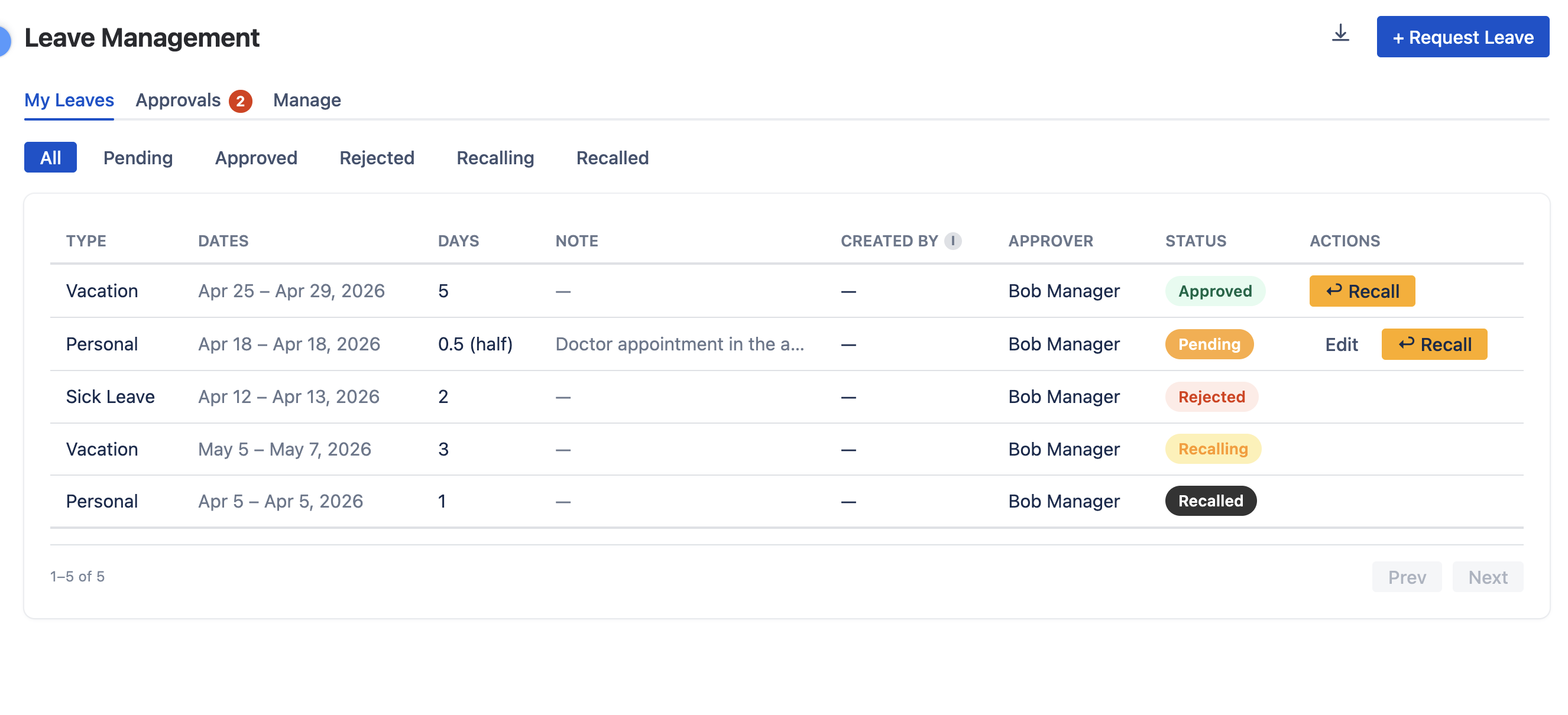 The Leave module in WorkHub listing leave requests by person with their type, dates and approval status