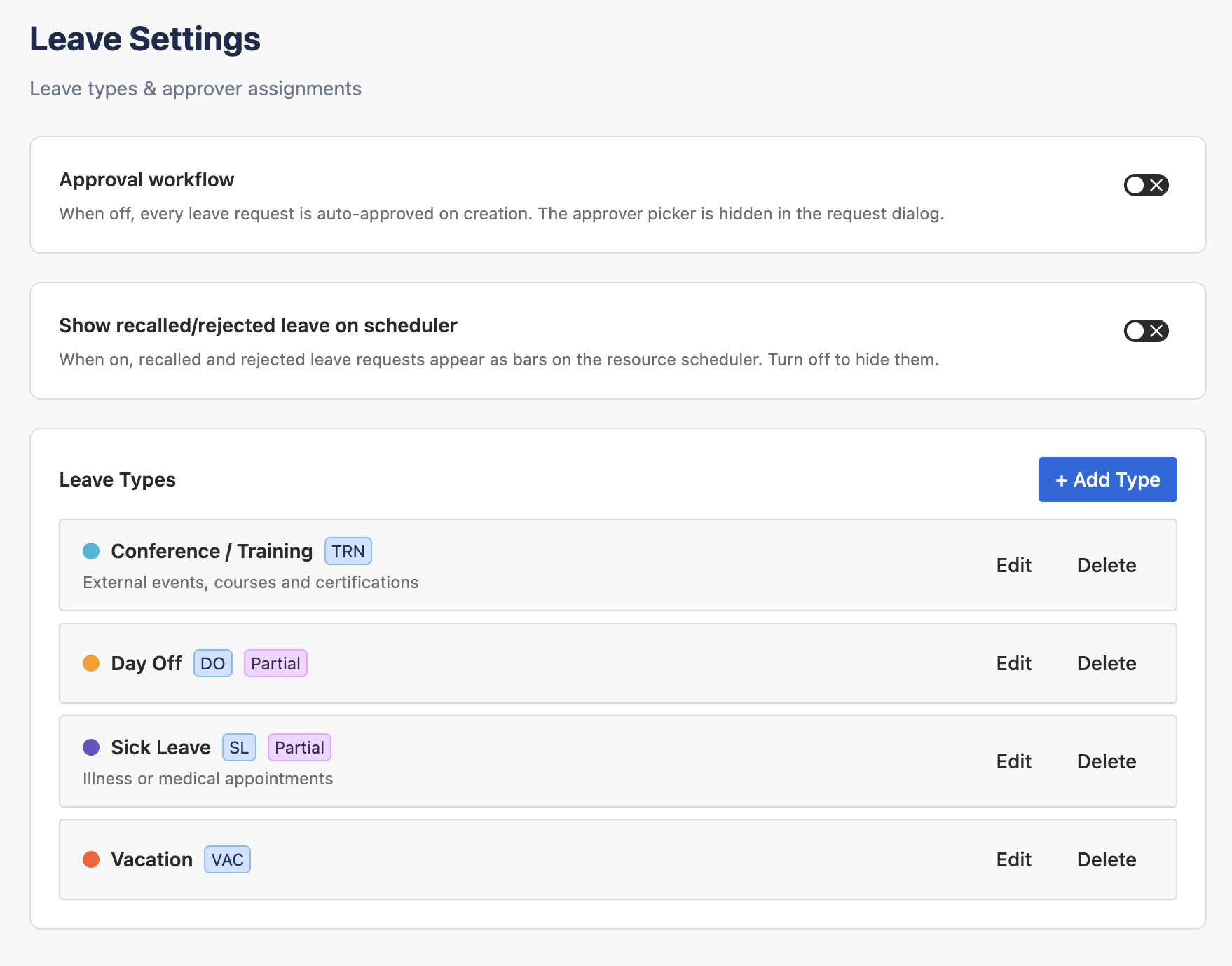 WorkHub leave settings with custom leave types, abbreviations, colors and partial-day options