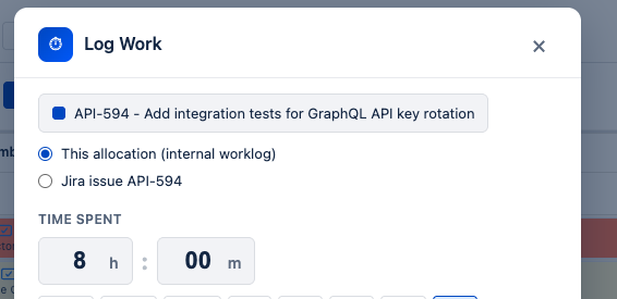 Log Work dialog on an allocation that targets issue API-594, showing two radio options: 'This allocation (internal worklog)' selected, and 'Jira issue API-594'