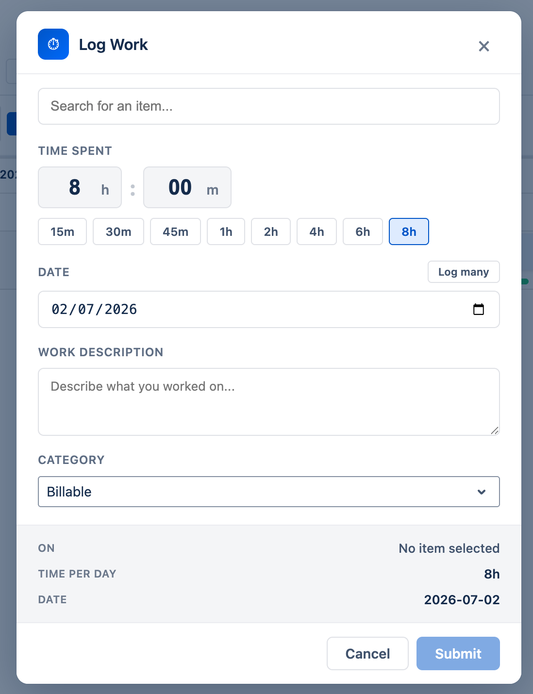 Log Work dialog showing issue picker, time spent input with quick-select buttons, date selector, description field, and category picker