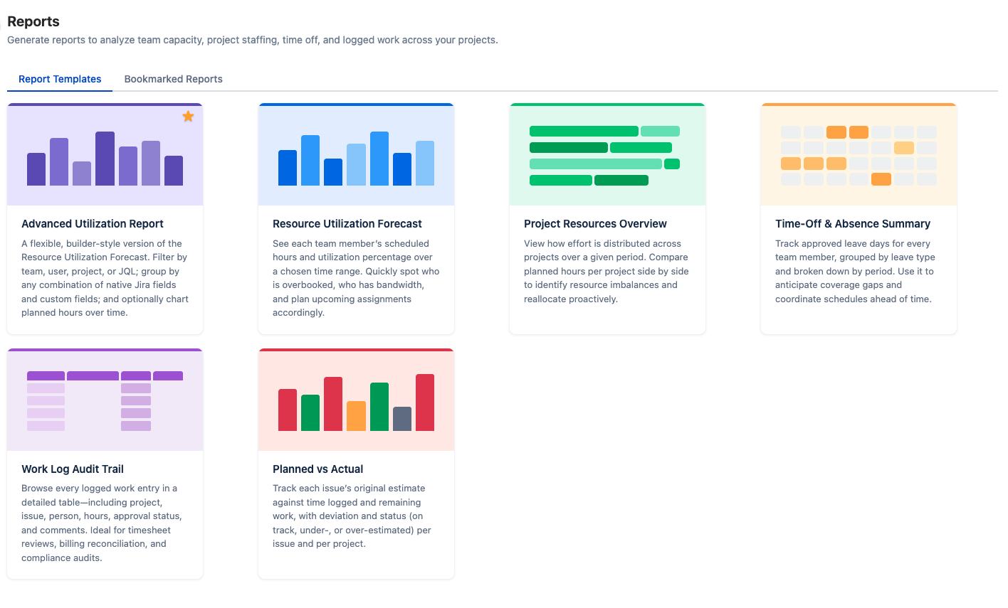 Reports Overview — single card gallery with the Advanced Utilization Report marked by a star badge