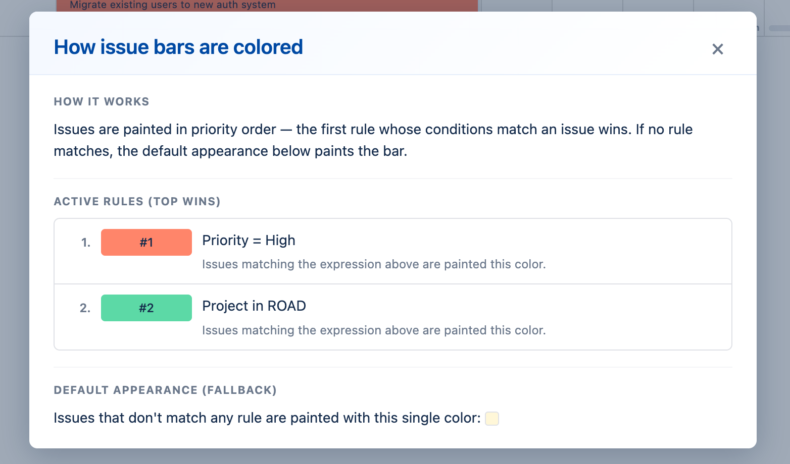 The Explain colors dialog on the Scheduler, listing two active rules in priority order with their color chips, plus the default-appearance fallback (single-color mode swatch)