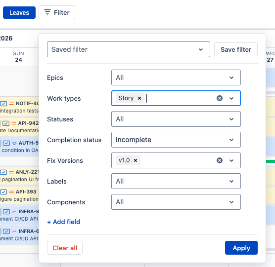 Scheduler issue filter panel with Saved filter, Save filter, Projects, Epics, Work types, Statuses, Completion status, Fix Versions, Labels, Components, Add field, Clear all, and Apply