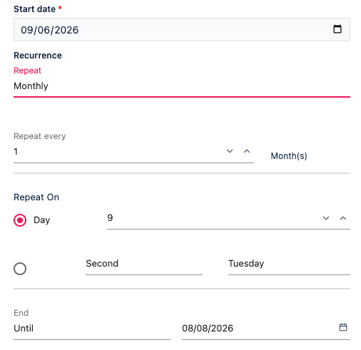 Monthly recurrence — day of month or weekday position